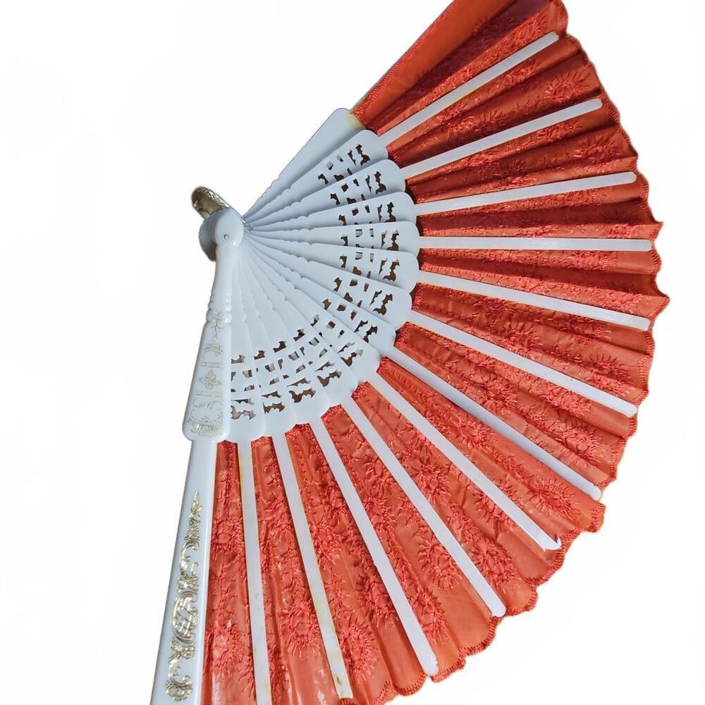 Decorative Handheld Folding Fan with Red Fabric and White Frame - Picture 2 of 2
